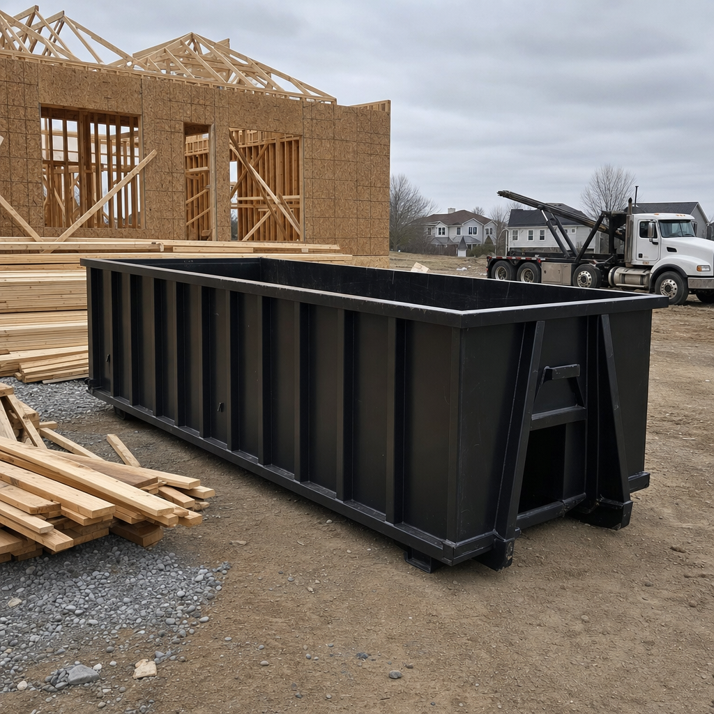 Matte-black 40-yard roll-off dumpster staged on a framed-out residential construction site in Manchester, framing lumber stacked nearby, hooklift delivery truck visible in the background under bright Colorado daylight