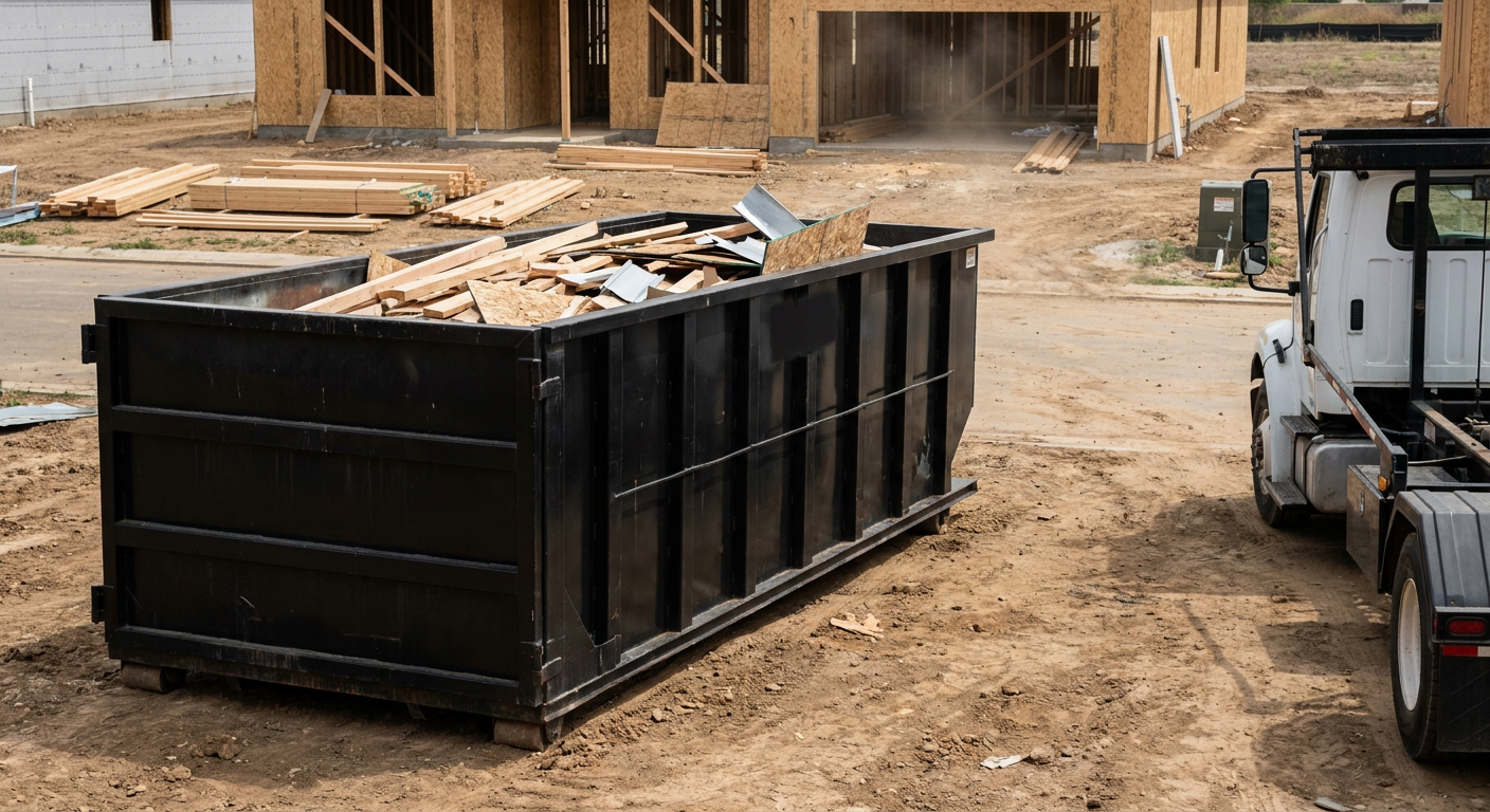 Matte-black 20-yard roll-off construction dumpster with heavy ribbed steel sidewalls and swing rear doors at a working jobsite in Manchester, sitting directly on compacted dirt with an unmarked white hauler partially visible at the far edge of the frame.