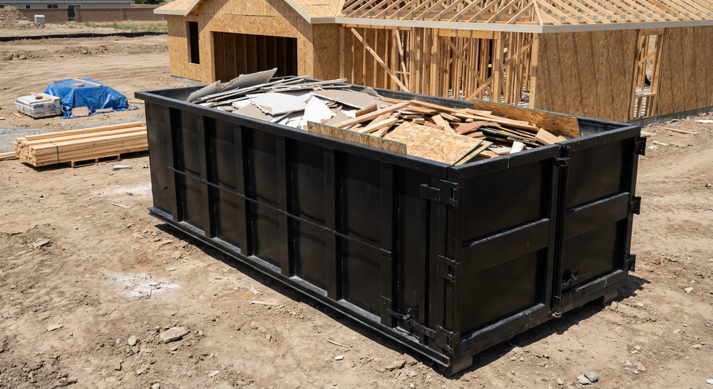 Matte-black 30-yard roll-off construction dumpster sitting directly on the compacted-dirt site of a framed single-family home build in Manchester, drywall and lumber scrap loaded inside.