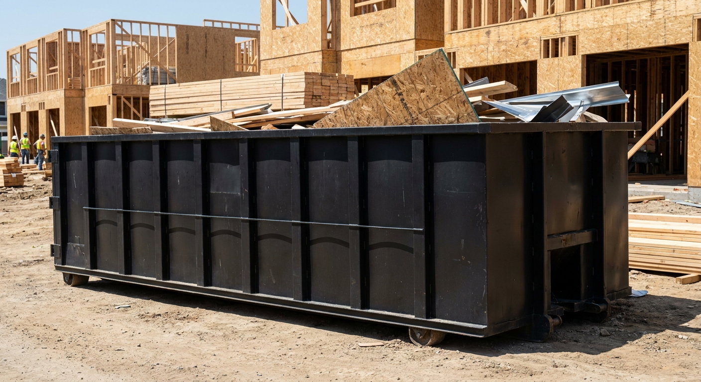 Matte-black 40-yard roll-off construction dumpster being lowered from a white-cab hooklift delivery truck onto the compacted-dirt jobsite at a commercial build site in Manchester