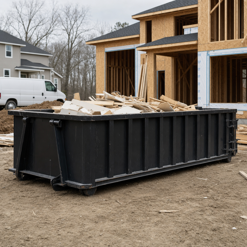 Worker in a yellow high-visibility vest tossing framing lumber and broken drywall into a matte-black 30-yard construction roll-off dumpster on an active build site in Manchester, bright daylight