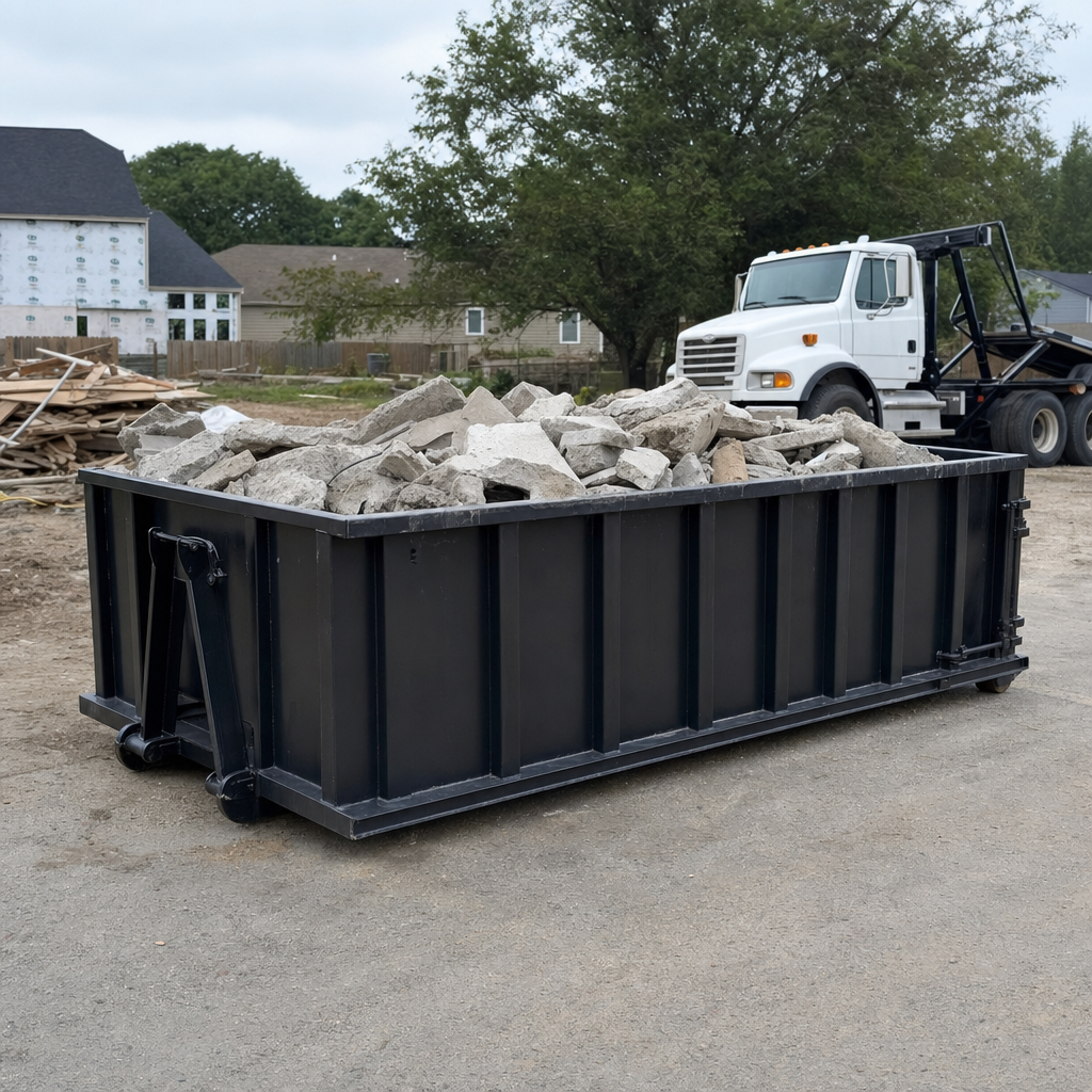 Low-profile matte-black lowboy roll-off dumpster loaded with broken concrete slab and rebar at a foundation tear-out in Manchester, skid steer parked beside it, sunny Colorado morning
