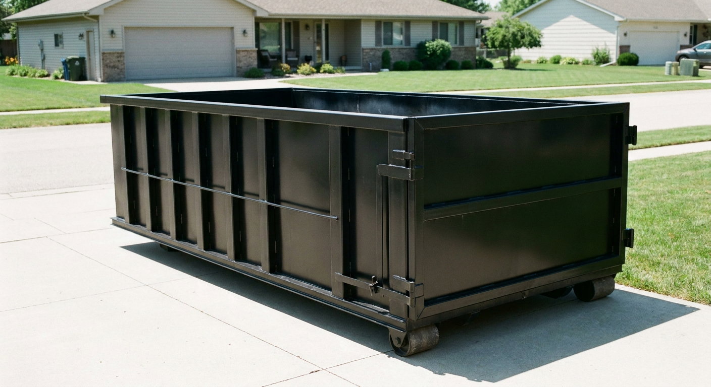 Matte-black 10-yard roll-off dumpster on a residential concrete driveway in Manchester, uniformly painted matte black across every panel and rail, ribbed steel sidewalls and rear swing door visible, mid-day daylight.