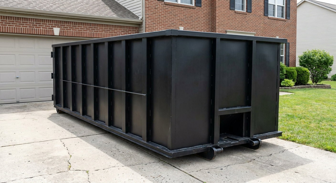 Matte-black 20-yard roll-off container on a Manchester residential concrete driveway with reinforced ribbed steel sidewalls and a hinged rear walk-in door, clean bright daylight.