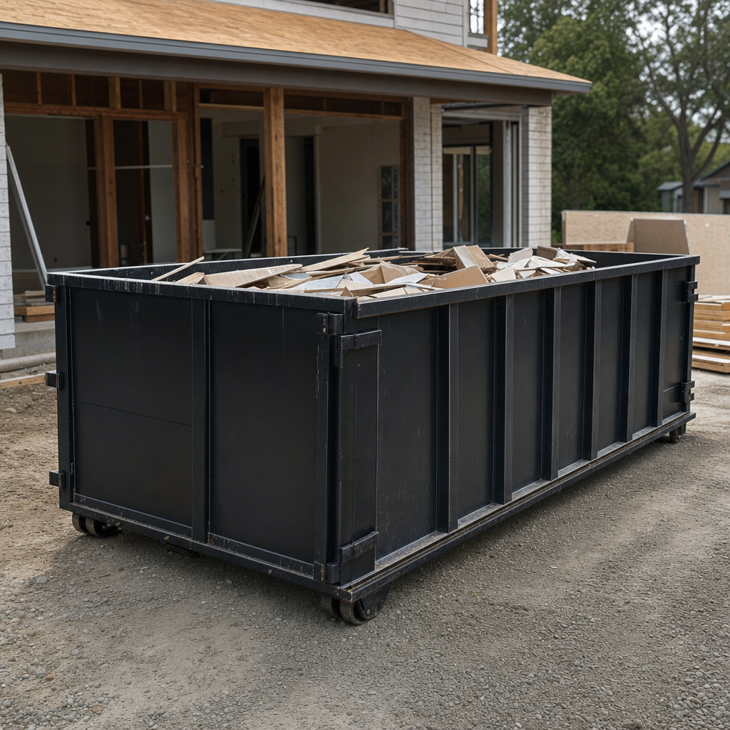 Large matte-black 30-yard construction roll-off dumpster at an active Manchester jobsite, steel-gray top rails and bottom rollers visible, loaded with construction debris.
