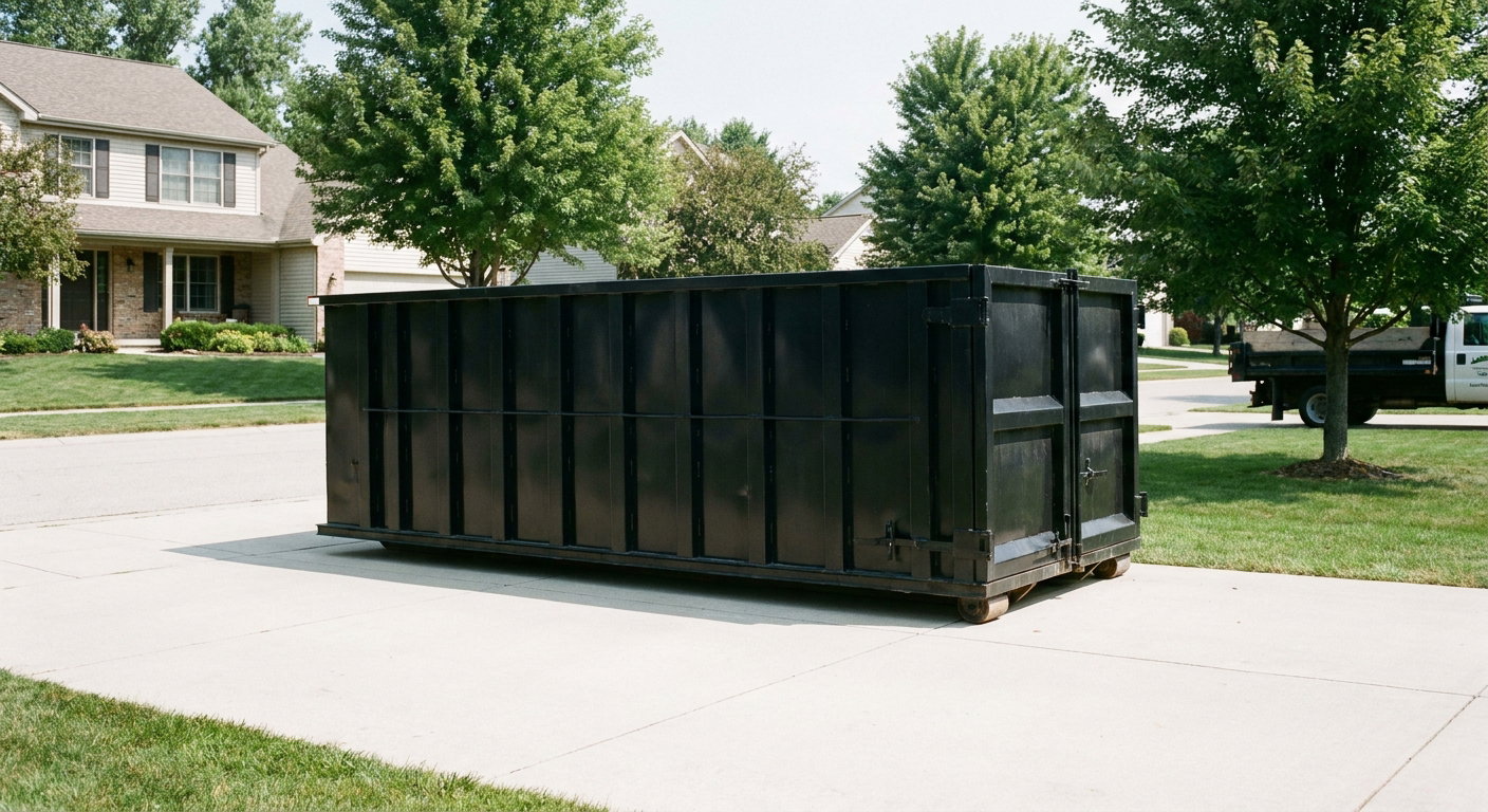 Matte-black 20-yard roll-off dumpster sitting level on a clean Manchester residential concrete driveway under bright daylight, demonstrating clean placement directly on the concrete.