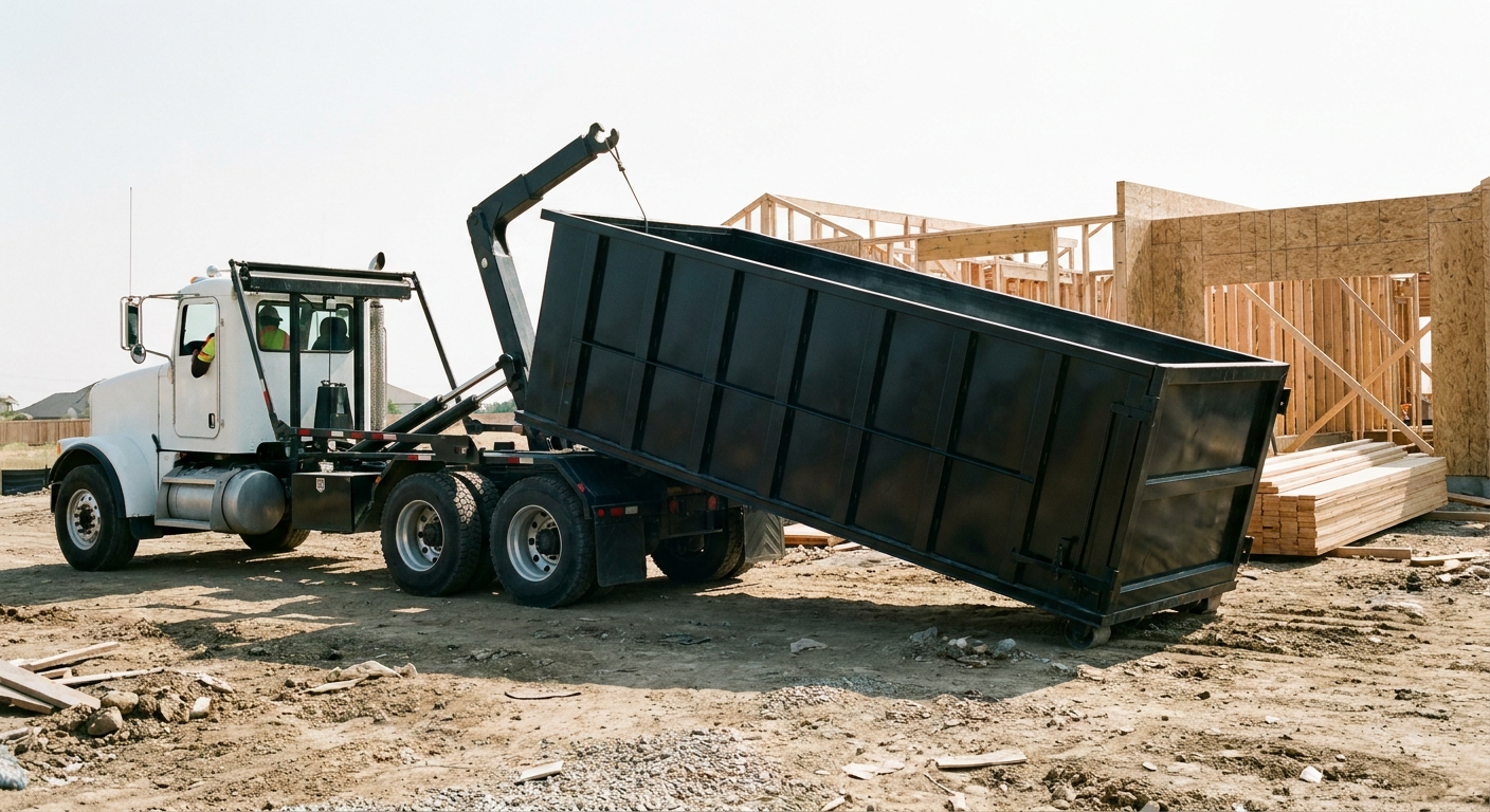 Matte-black roll-off dumpster being delivered onto a clean residential concrete driveway in Manchester by an unmarked white hooklift hauler truck, bright morning daylight, documentary 35mm perspective.