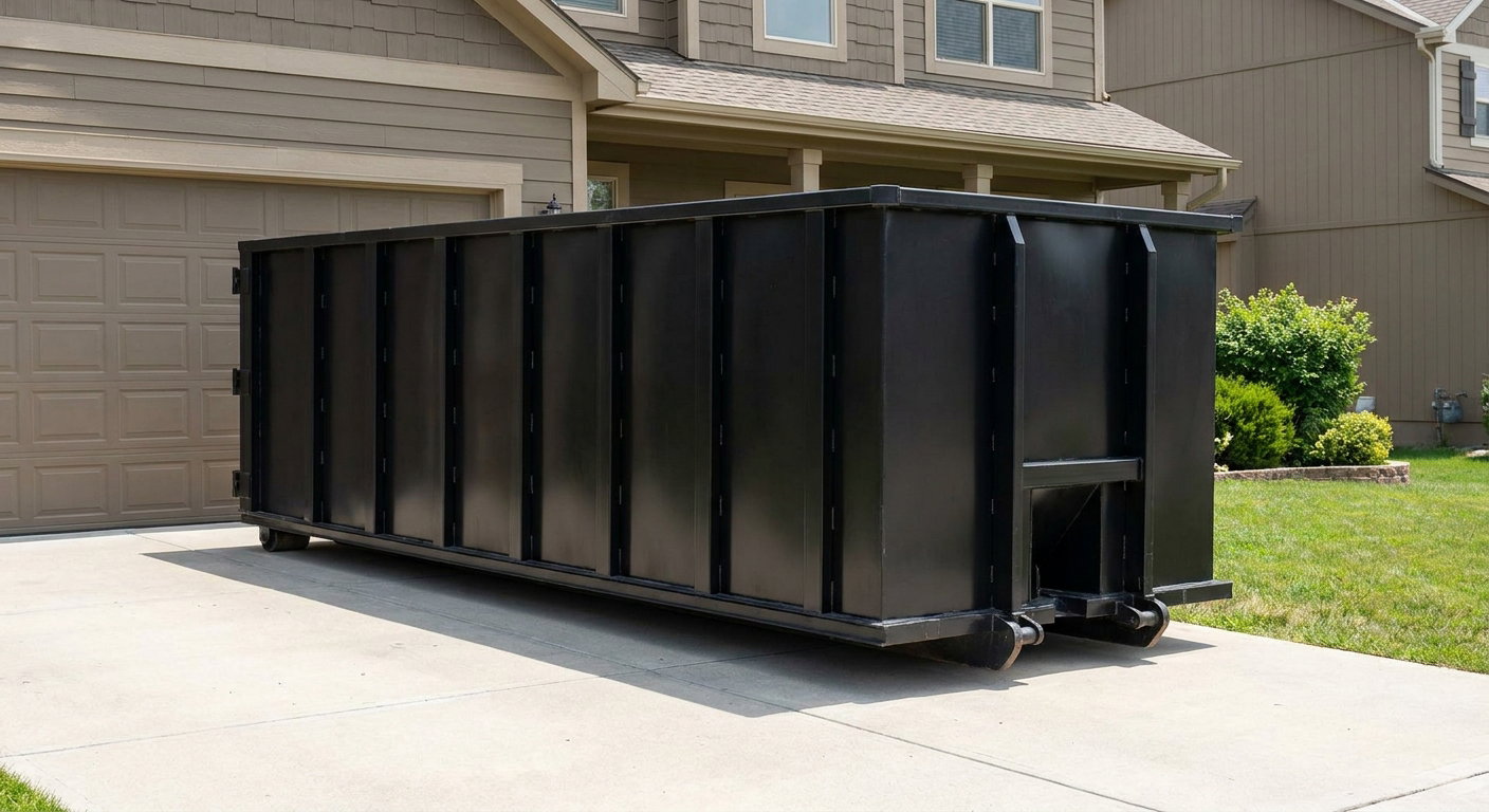 Matte-black residential roll-off dumpster sitting directly on a suburban Manchester concrete driveway, garage door closed, single-family home in background, bright morning daylight.