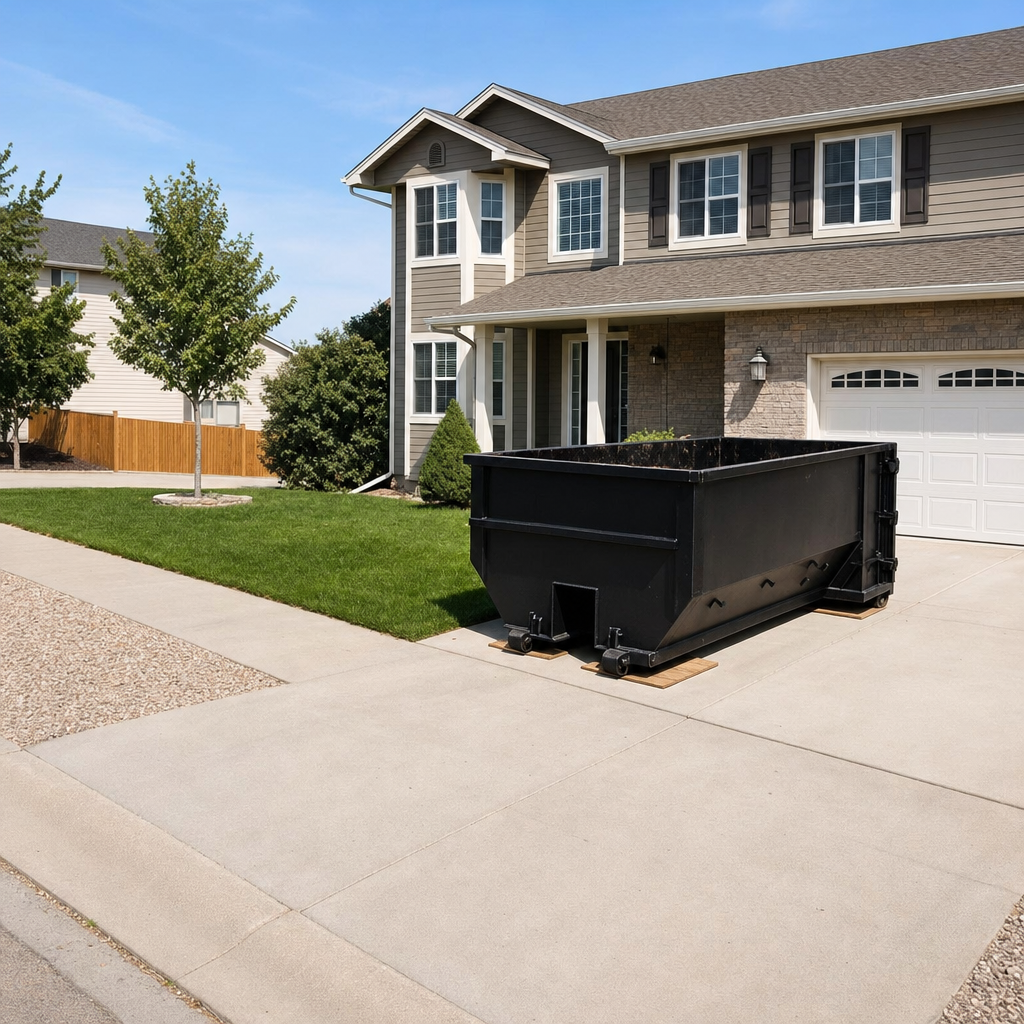 10-yard matte-black residential dumpster placed directly on a narrow Manchester concrete driveway, room remains for a parked sedan beside it, mid-morning natural light