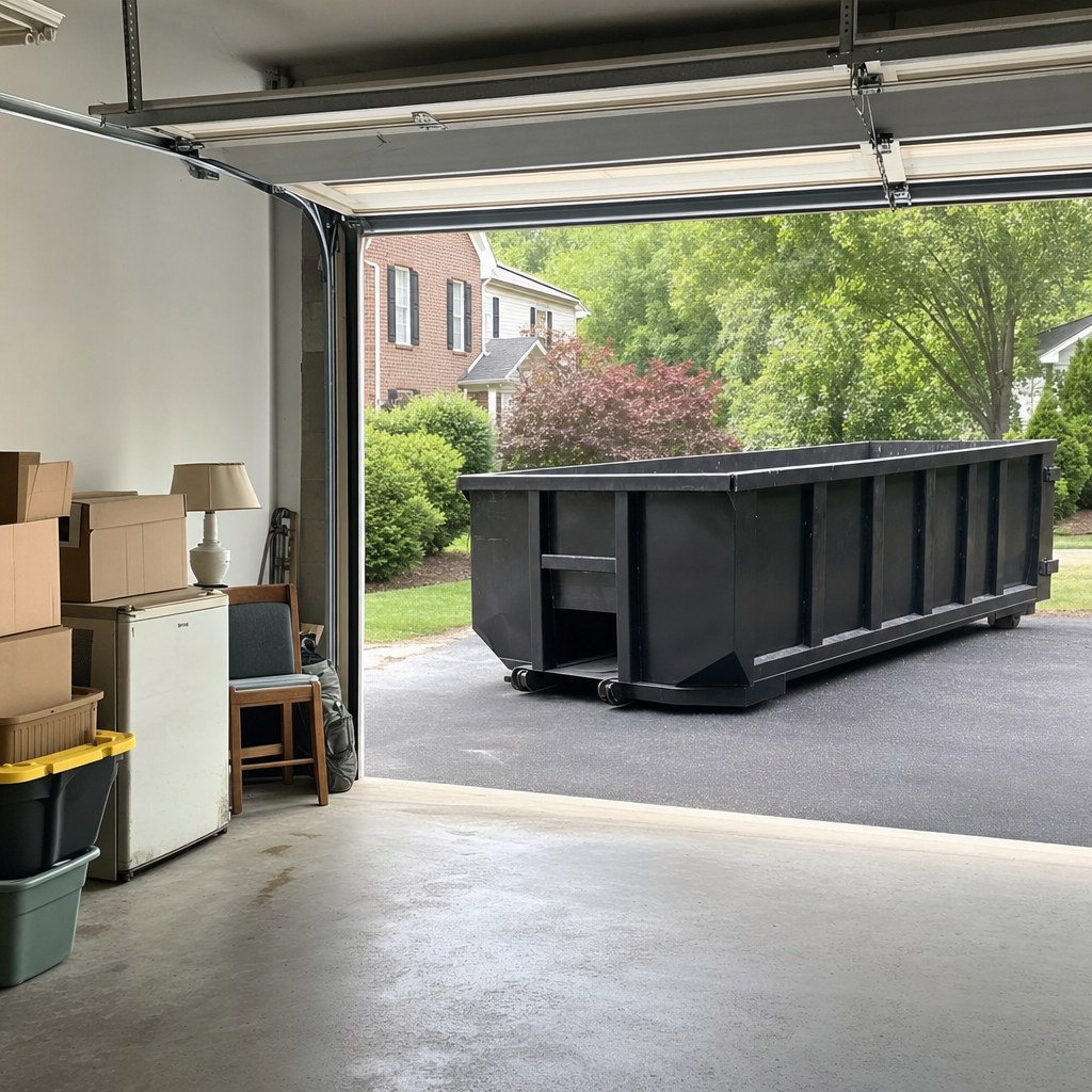 Open garage interior in a Manchester home mid-cleanout — boxed items, an old appliance, and stacked yard tools queued near the driveway for a matte-black roll-off dumpster, organized and calm