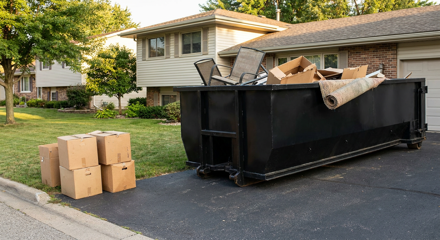 Front-yard view of a Manchester split-level home with a 20-yard matte-black roll-off dumpster sitting directly on the asphalt driveway, a few clearly labeled donation boxes staged at the curb, calm sunny afternoon.