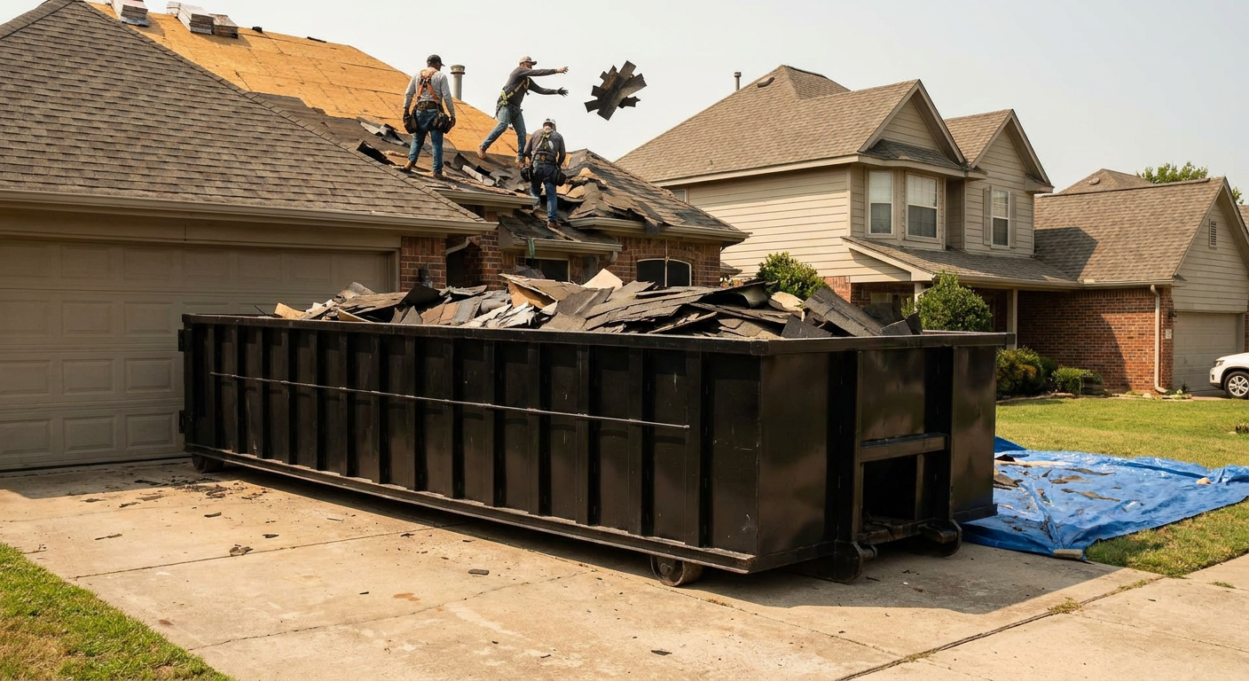 Matte-black roofing roll-off dumpster placed directly on a Manchester residential concrete driveway, a tear-off crew on a two-story asphalt-shingle roof tossing shingle bundles into the low-walled container, bright daylight, documentary 35mm perspective.