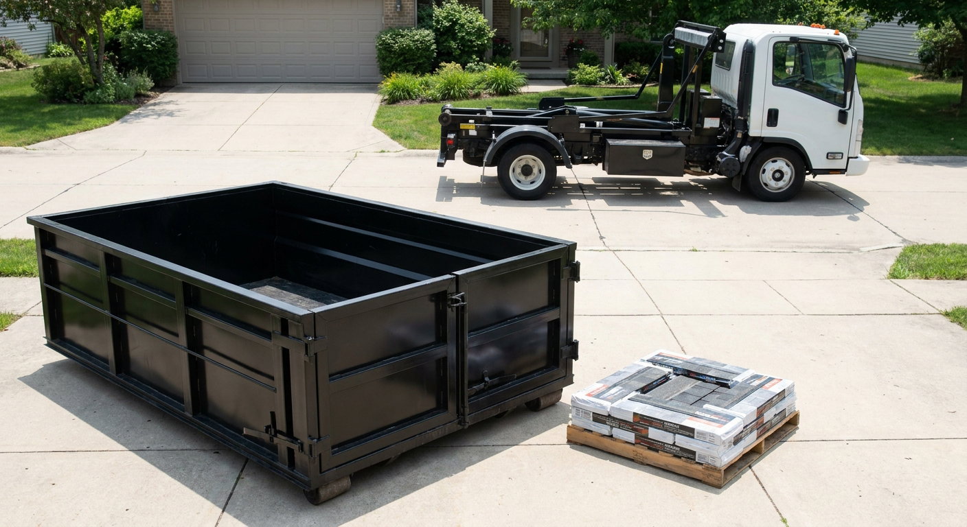 Matte-black 15-yard roofing roll-off dumpster with reinforced low side walls sitting directly on a Manchester residential concrete driveway, three-tab asphalt shingle bundles stacked nearby, an unmarked white hauler truck partially visible at the edge of the frame.