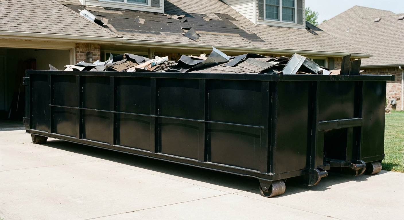 Matte-black 20-yard roofing roll-off dumpster with steel ribbed sides and swinging rear door, sitting directly on the concrete driveway of a two-story Manchester home, asphalt shingle debris being loaded over the low wall, clean documentary lighting.