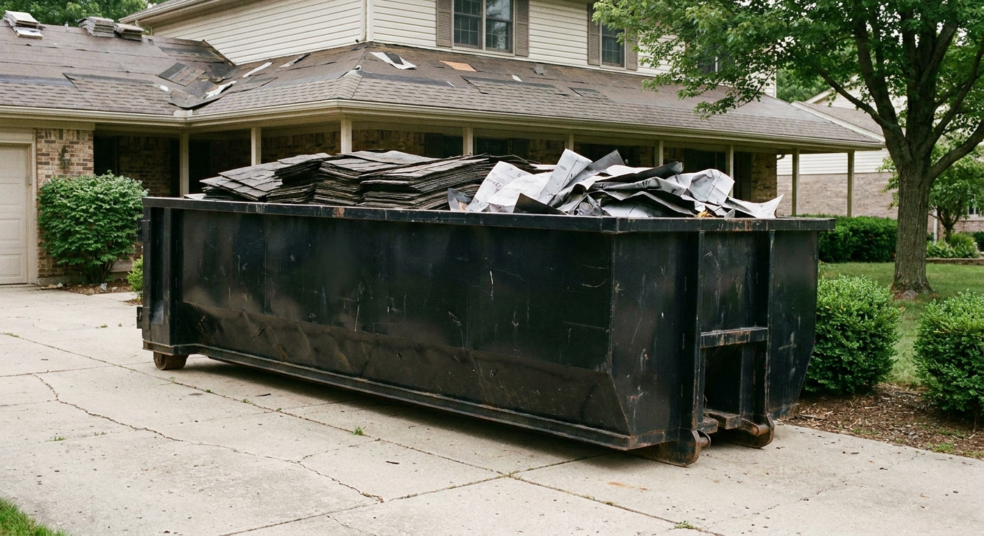 Matte-black 30-yard roofing roll-off dumpster sitting directly on a Manchester concrete driveway, taller ribbed steel side panels, mixed tear-off debris of asphalt shingles and underlayment inside, professional documentary daylight.
