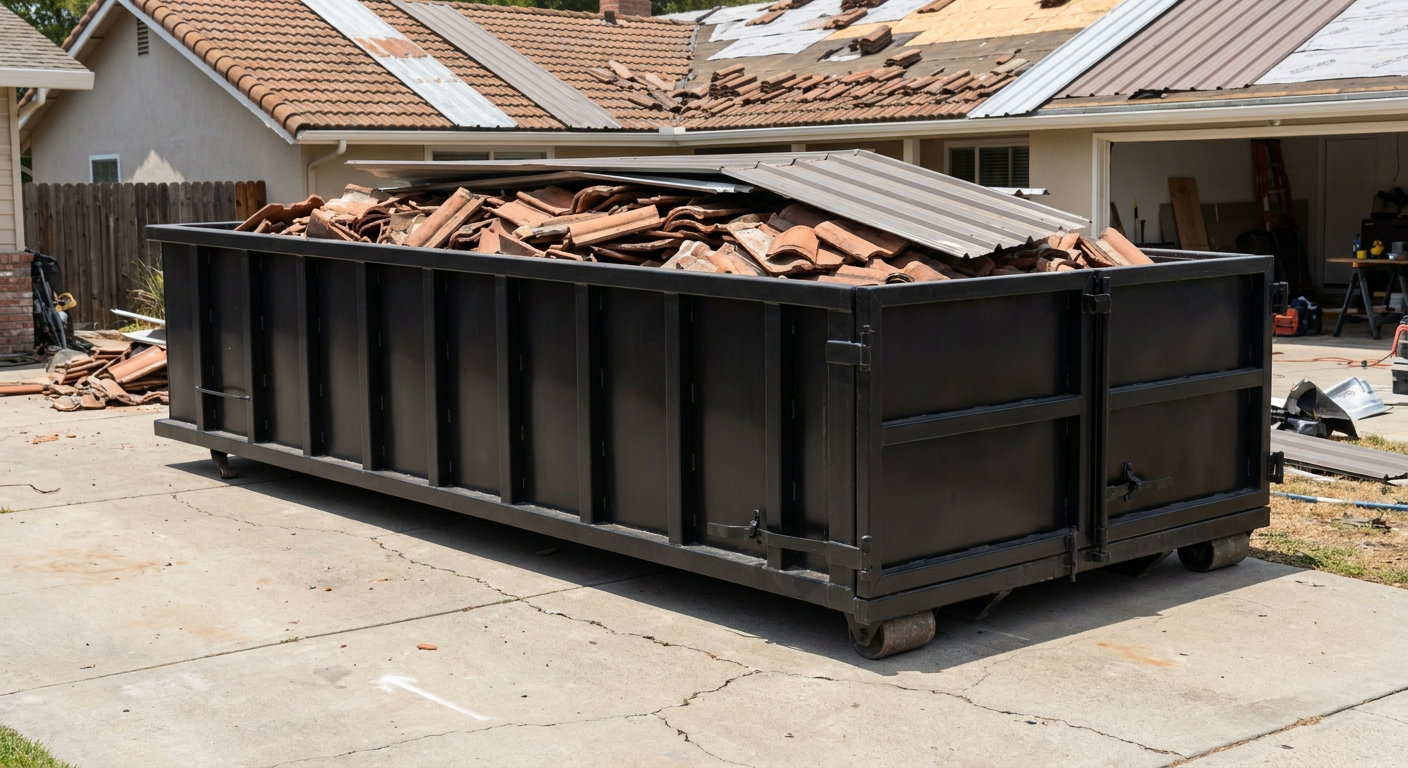 Matte-black low-wall heavy-debris roofing roll-off dumpster sitting directly on a Manchester concrete driveway, broken concrete clay roof tiles and metal panel sections loaded inside, reinforced ribbed steel side walls visible, bright outdoor daylight.