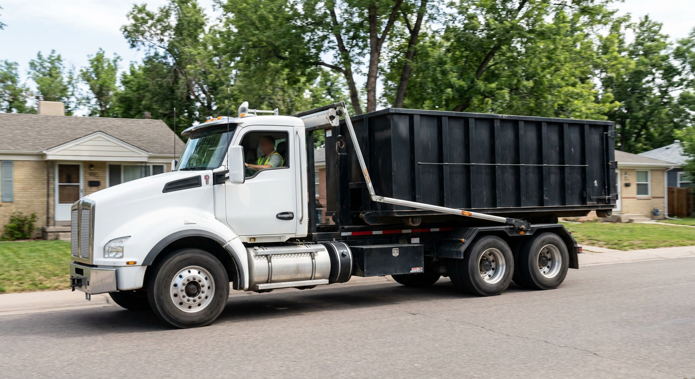 A wide documentary shot of a matte-black roll-off delivery truck pulling onto a quiet Manchester residential street at mid-morning, with neighborhood rooftops and tree-lined blocks visible behind, showing the metro coverage footprint.