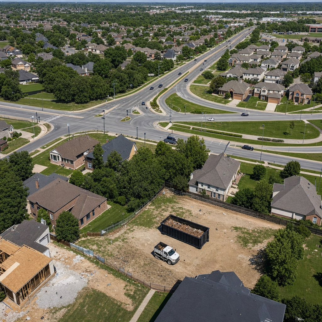 An overhead documentary view of the Manchester metro area at midday, showing the spread of neighborhoods, arterial roads, and the dispatch radius from a central yard — clean daylight, organized geographic layout.