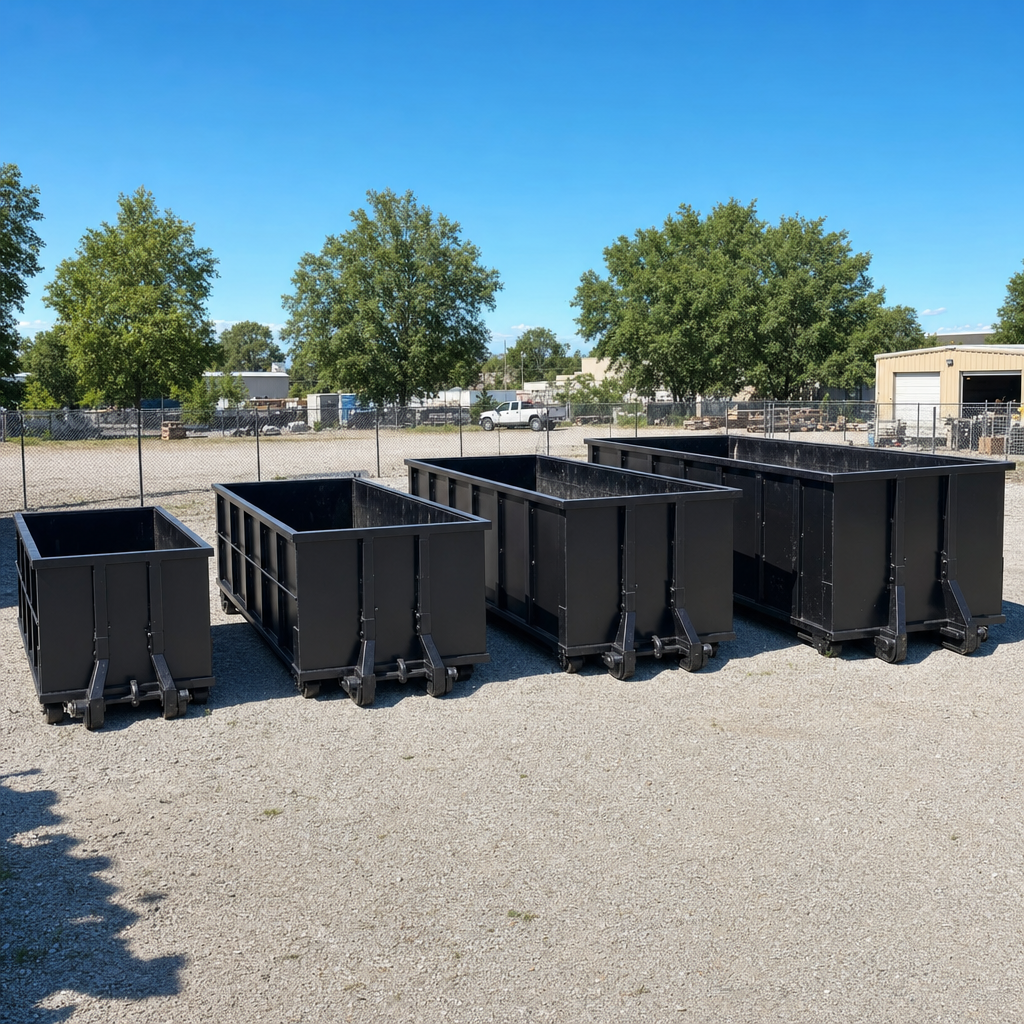 A clean lineup of matte-black roll-off dumpsters in 10, 20, 30, and 40-yard sizes staged on a sunlit gravel yard in Manchester, showing the size progression from compact to commercial-scale containers.