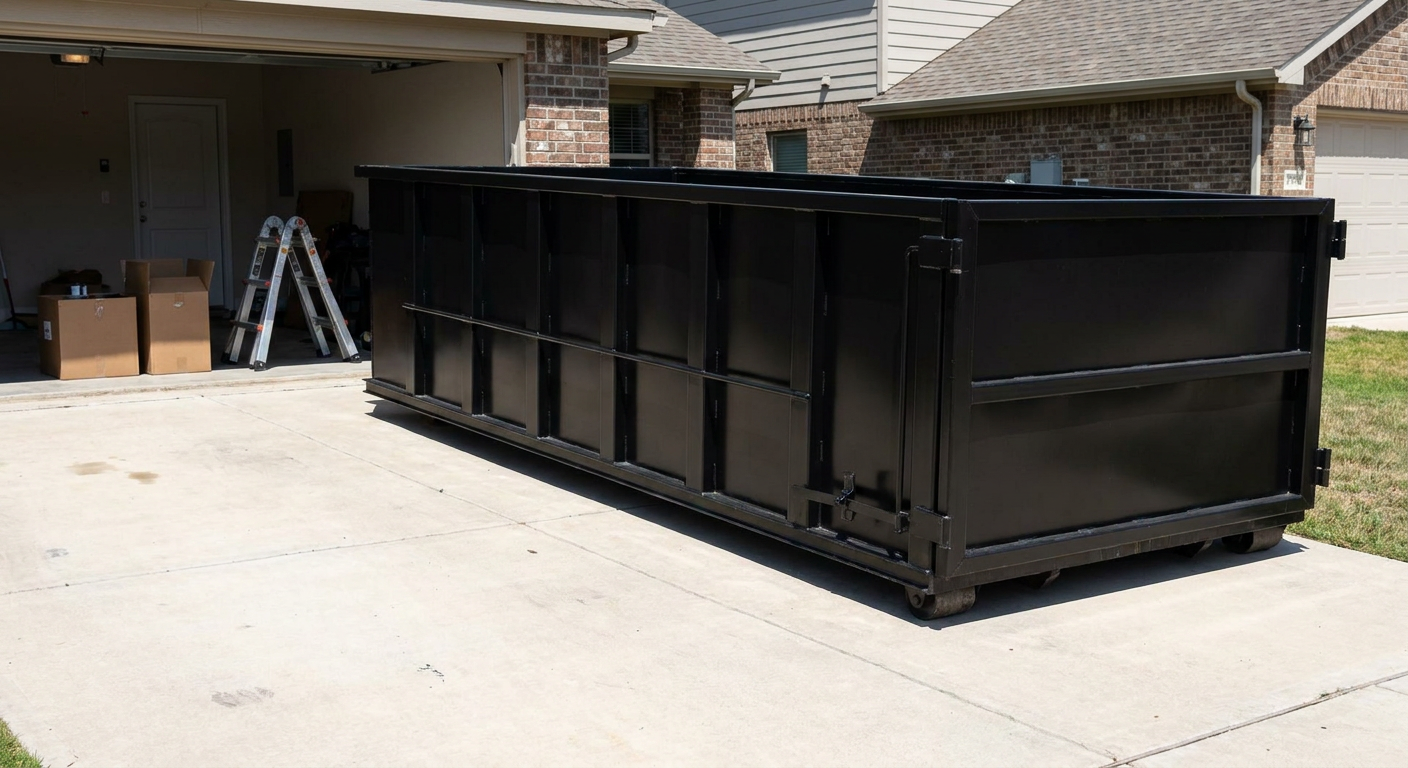A matte-black 10-yard roll-off dumpster sitting directly on a residential Manchester concrete driveway, mid-day sunlight, clean and ready for a garage cleanout.