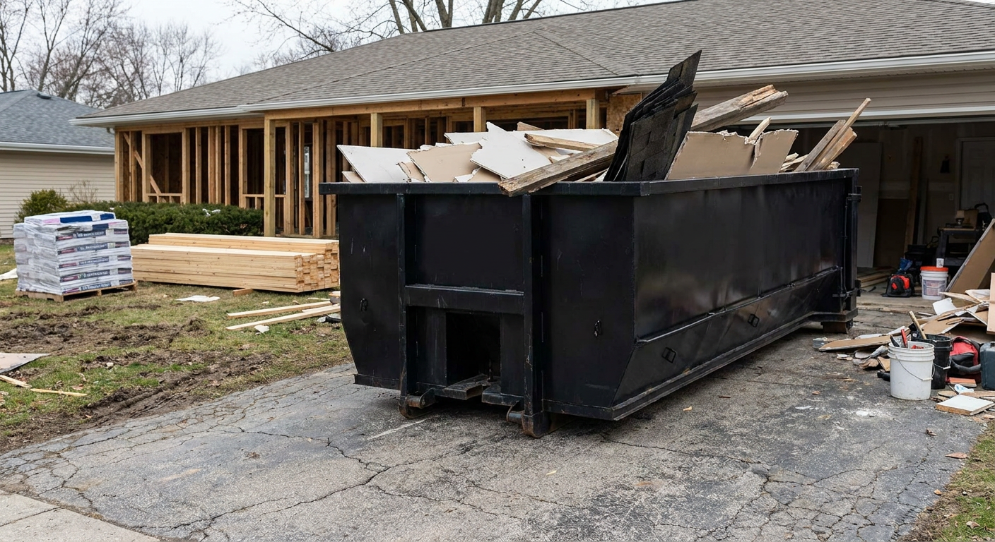 A matte-black 20-yard roll-off dumpster placed alongside a mid-renovation Manchester home directly on the asphalt driveway, with framing materials and torn-off shingles staged neatly nearby.