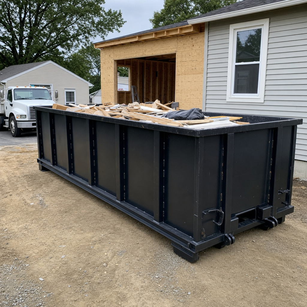 A matte-black 30-yard roll-off dumpster positioned at a Manchester residential addition jobsite, with framing lumber and drywall scraps loaded through the open swinging rear doors.