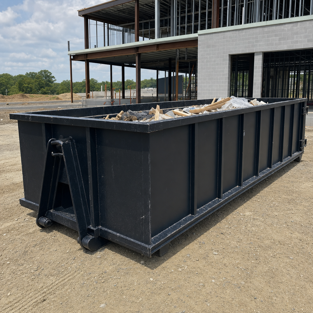 A matte-black 40-yard roll-off dumpster staged on a large Manchester commercial construction lot, with a hooklift delivery truck parked alongside under bright midday sky.