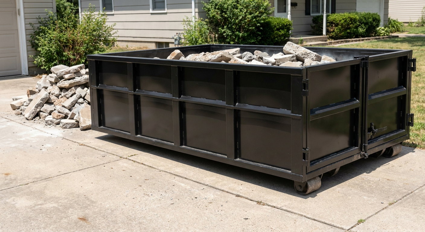 A matte-black low-side heavy-debris roll-off dumpster placed directly on a Manchester concrete driveway, with broken concrete chunks neatly stacked beside it under clean daylight.